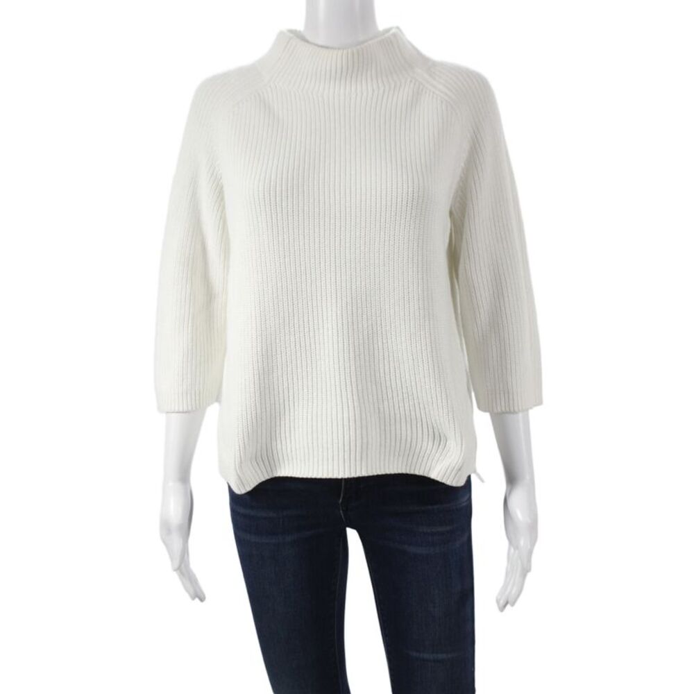 Kinross Women Pullover Sweater White Cotton Mock Neck 3/4 Sleeve Size M